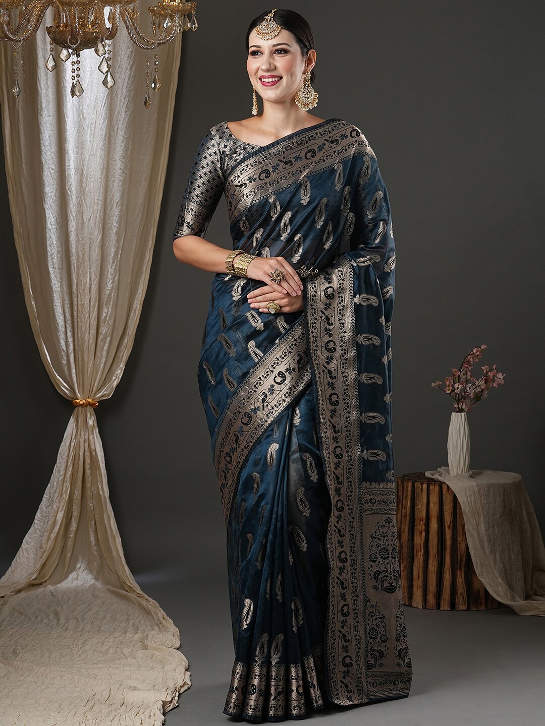 

Saree mall Teal Ethnic Motifs Woven Design Zari Banarasi Saree
