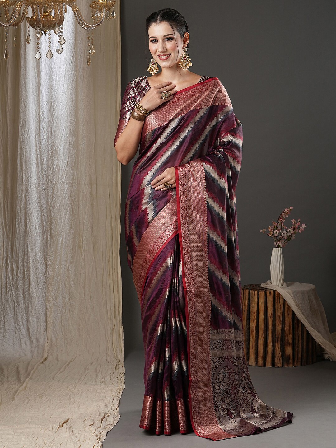 

Saree mall Burgundy Woven Design Zari Organza Banarasi Saree