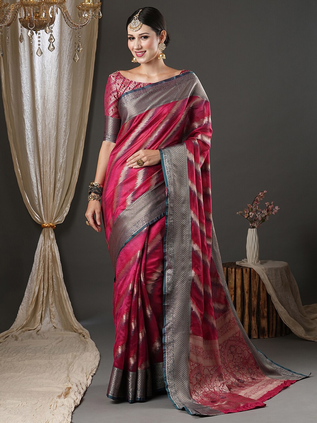 

Saree mall Pink Woven Design Zari Organza Banarasi Saree