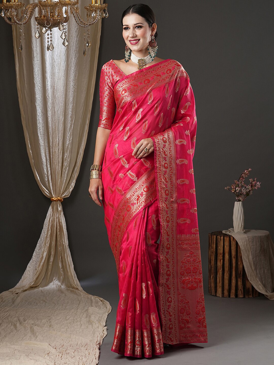 

Saree mall Pink Woven Design Zari Organza Banarasi Saree