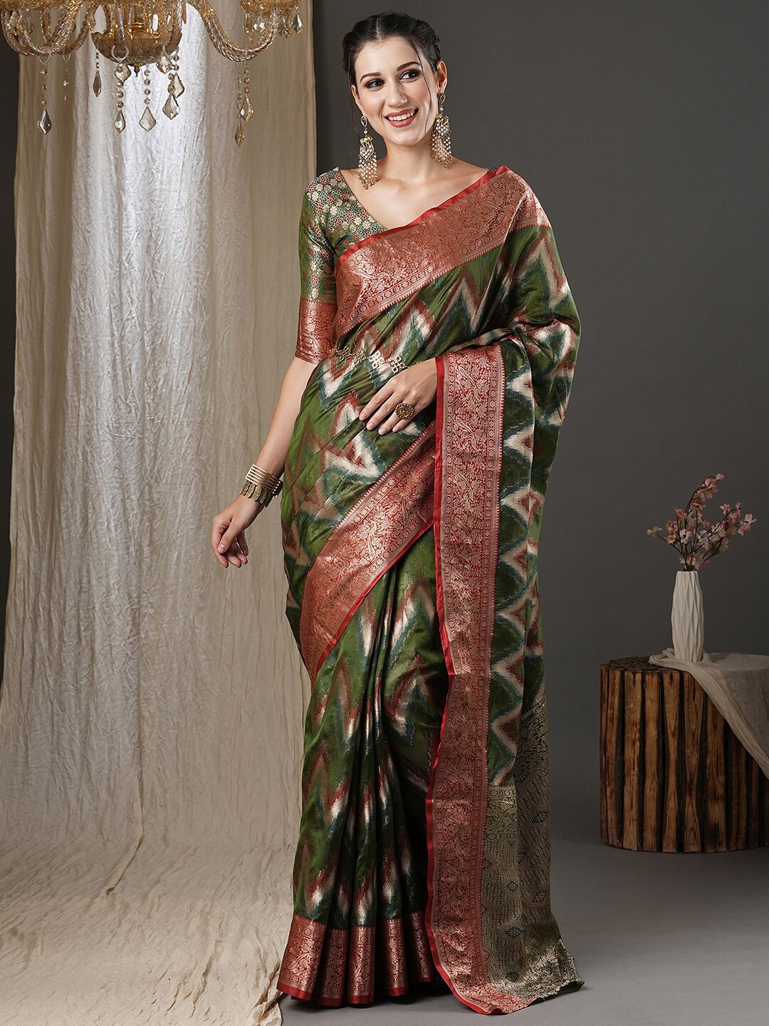 

Saree mall Olive Green Geometric Woven Design Zari Banarasi Saree