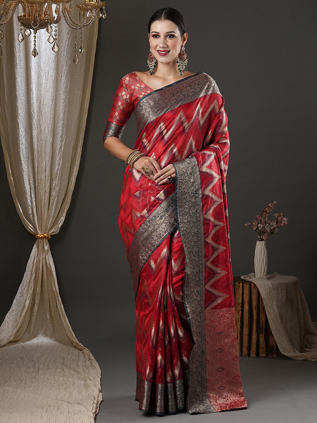 

Saree mall Red Geometric Woven Design Zari Organza Banarasi Saree