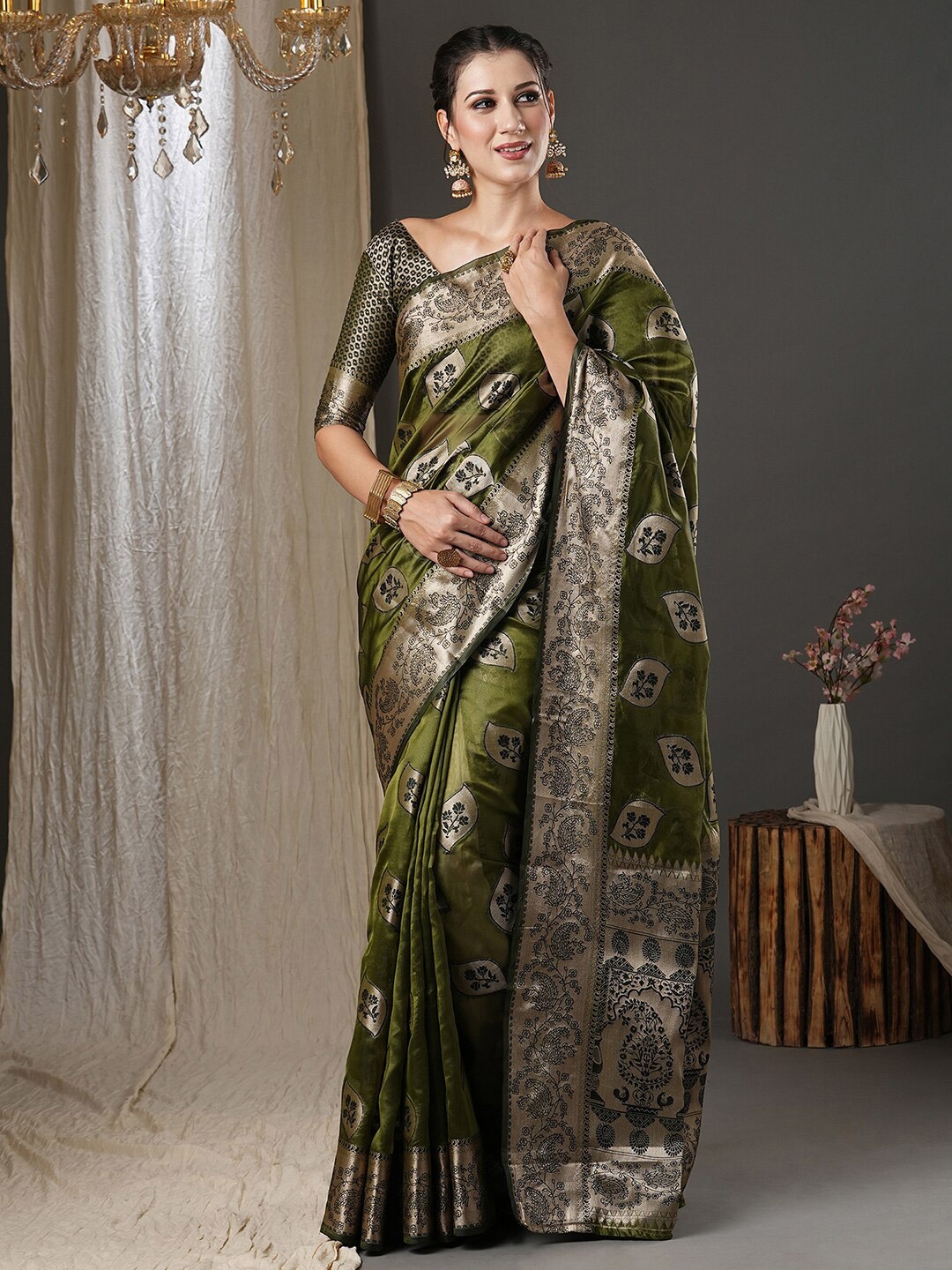 

Saree mall Olive Green Floral Woven Design Zari Organza Banarasi Saree