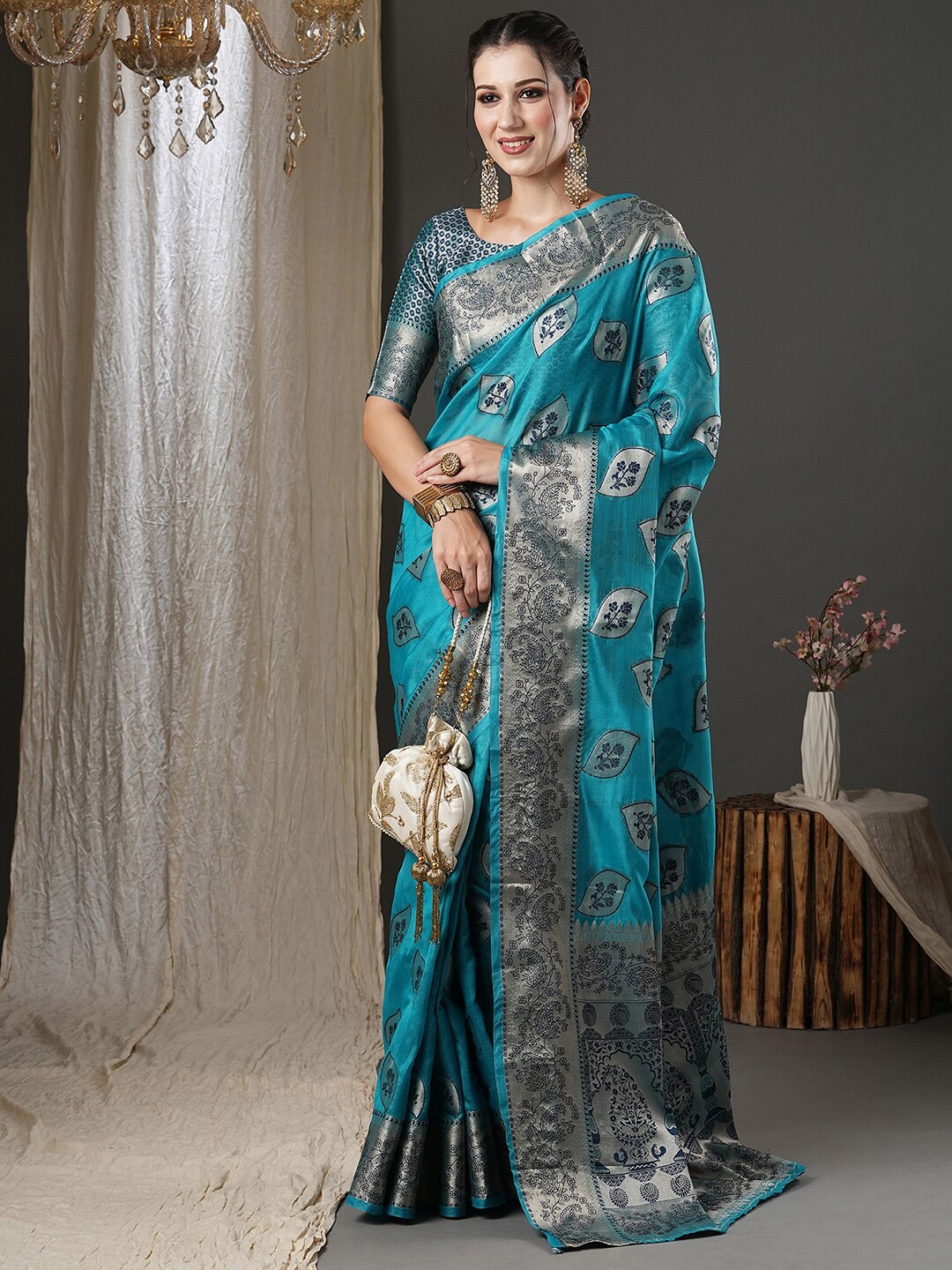 

Saree mall Blue Floral Woven Design Zari Organza Banarasi Saree