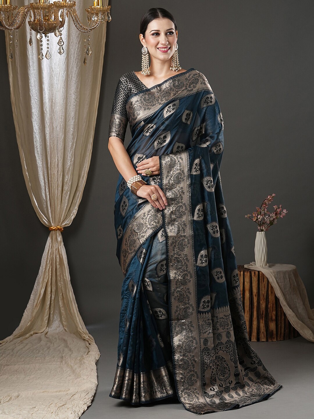 

Saree mall Teal & Gold-Toned Floral Woven Design Zari Organza Banarasi Saree