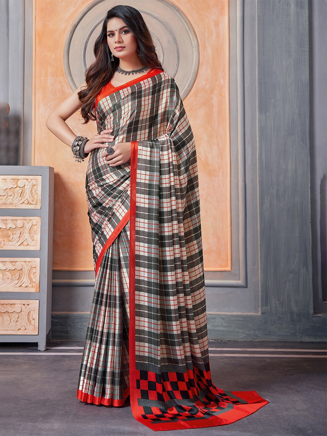 

Saree mall Black Red Checked Poly Crepe Saree