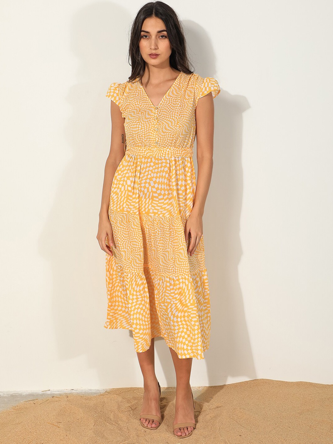 

RAREISM Abstarct Printed V-Neck Fit & Flare Midi Dress, Yellow