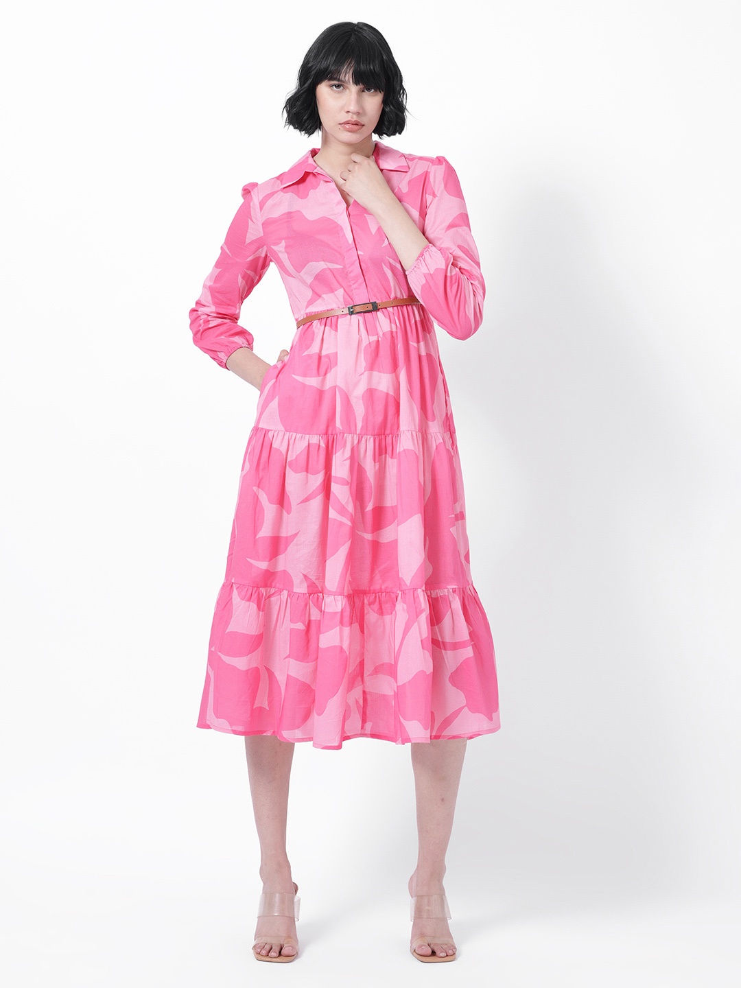 

RAREISM Abstract Printed Puff Sleeves Shirt Midi Dress, Pink