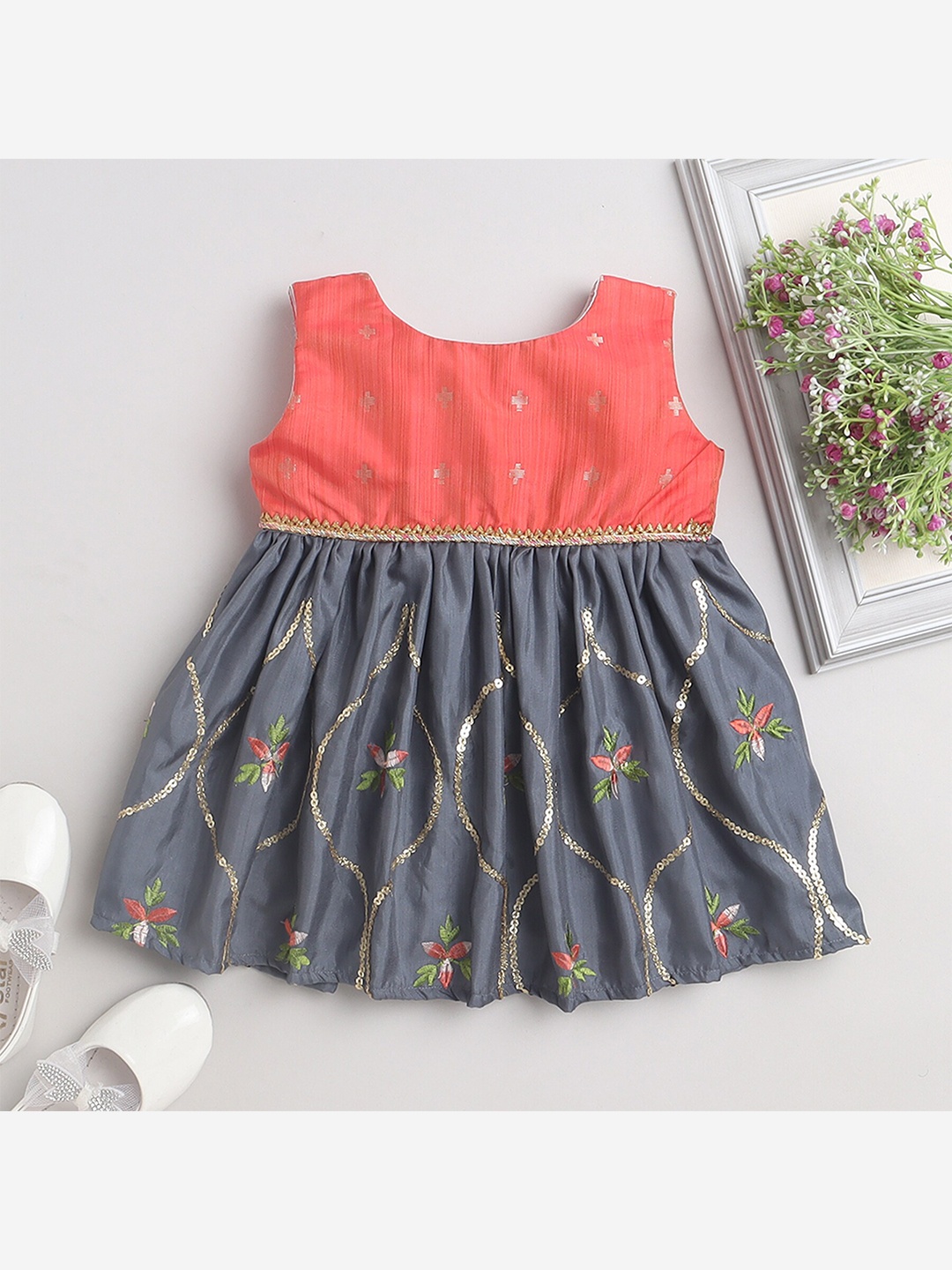 

MANY FROCKS & Girls Embellished Sleeveless Sequined Silk Fit & Flare Ethnic Dress, Coral