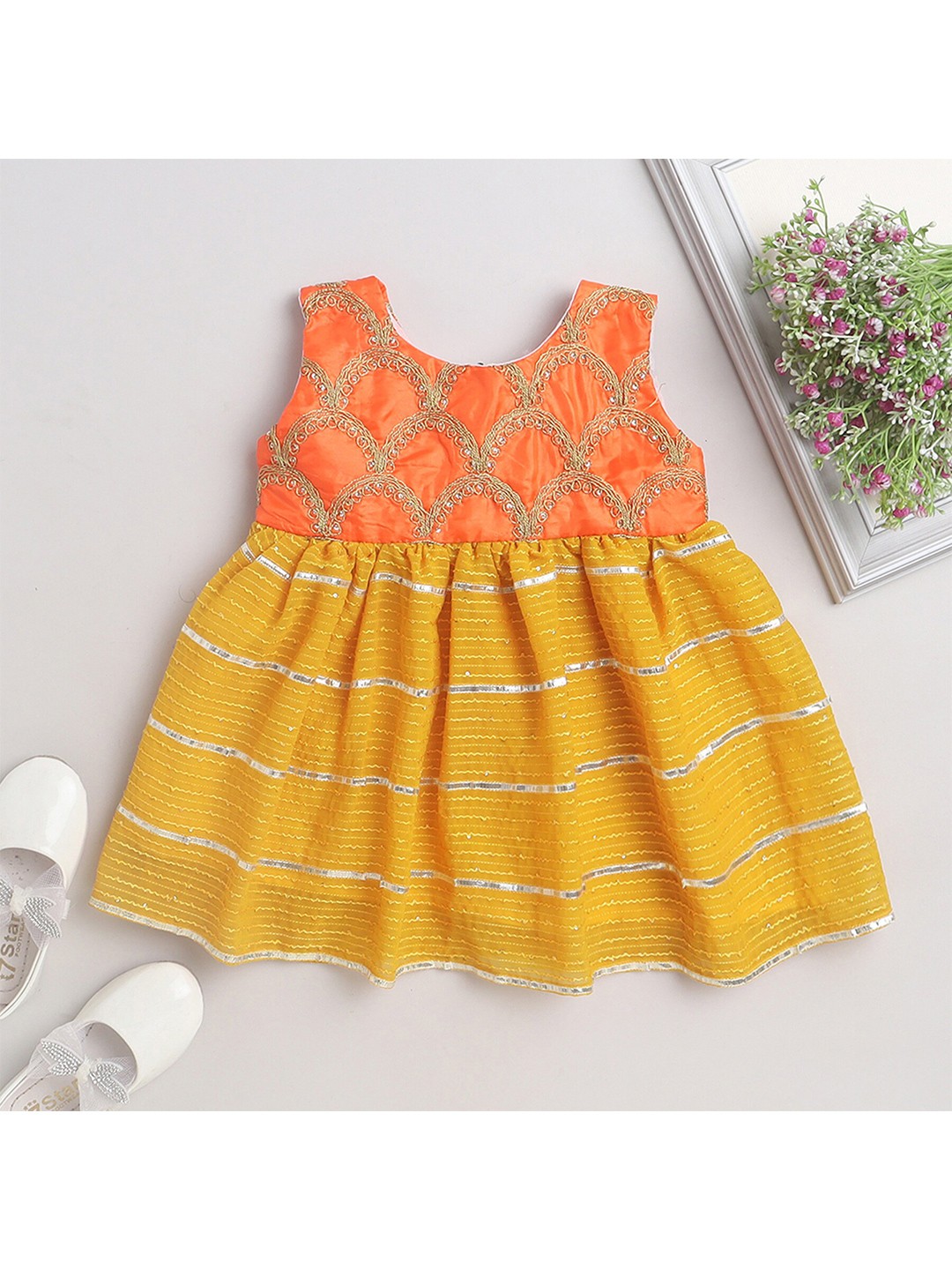 

MANY FROCKS & Girls Embellished Sleeveless Sequined Silk Fit & Flare Ethnic Dress, Orange