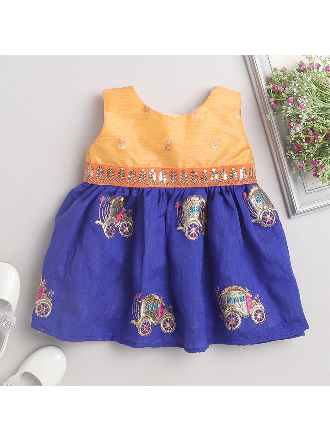 

MANY FROCKS & Infants Girls Ethnic Embroidered Sequin Detail Fit & Flare Ethnic Dress, Blue