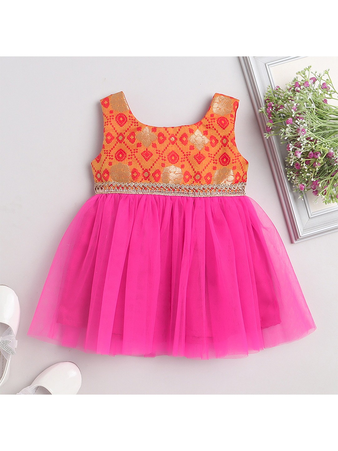 

MANY FROCKS & Girls Embellished Sleeveless Fit & Flare Ethnic Dress, Orange