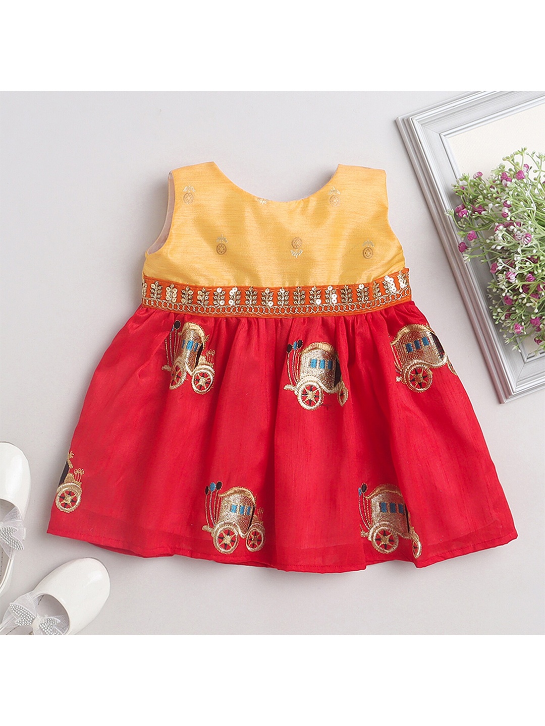 

MANY FROCKS & Girls Embellished Sleeveless Sequined Silk Fit & Flare Ethnic Dress, Beige