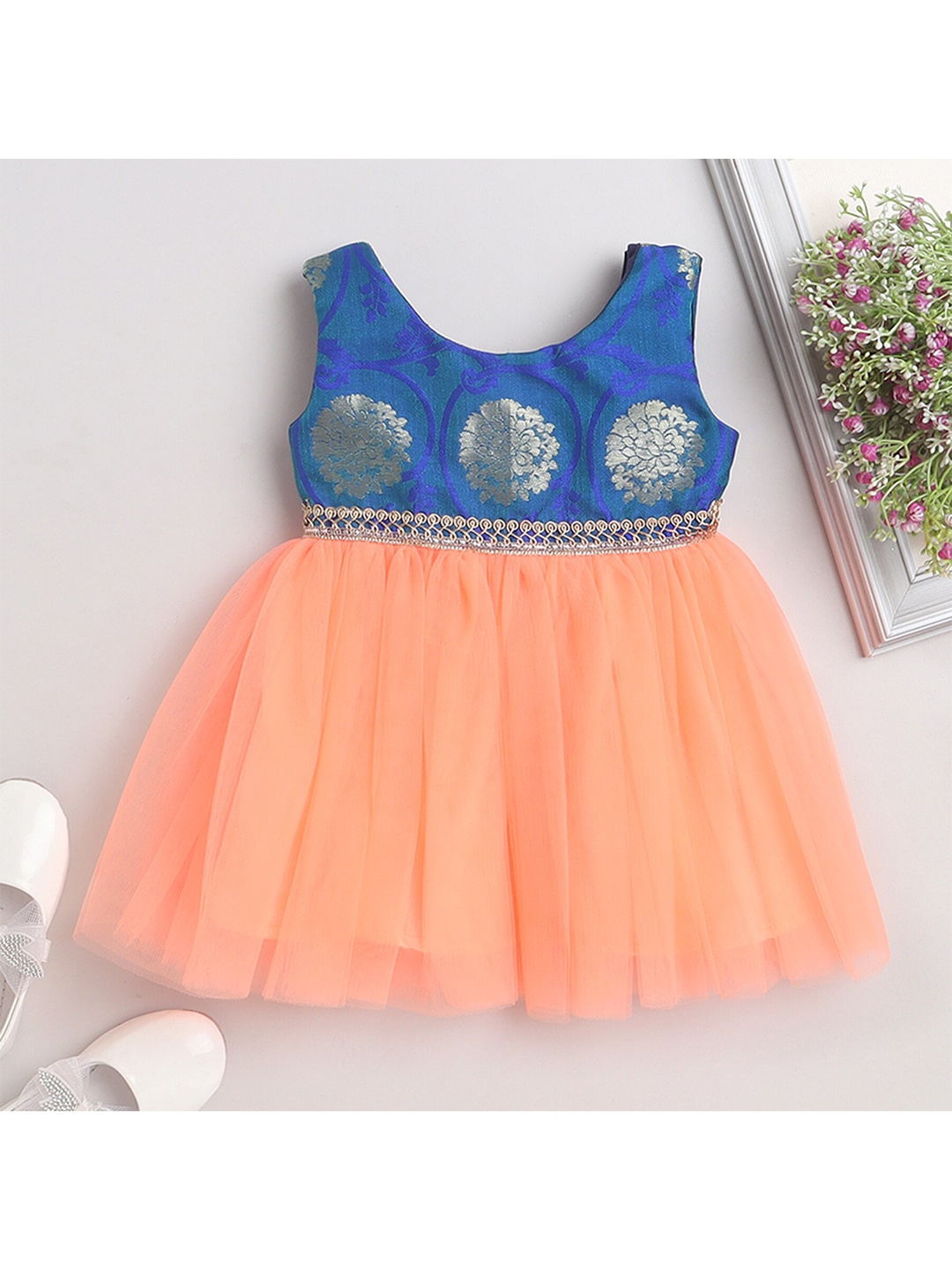 

MANY FROCKS & Girls Embellished Sleeveless Cotton Fit & Flare Ethnic Dress, Blue