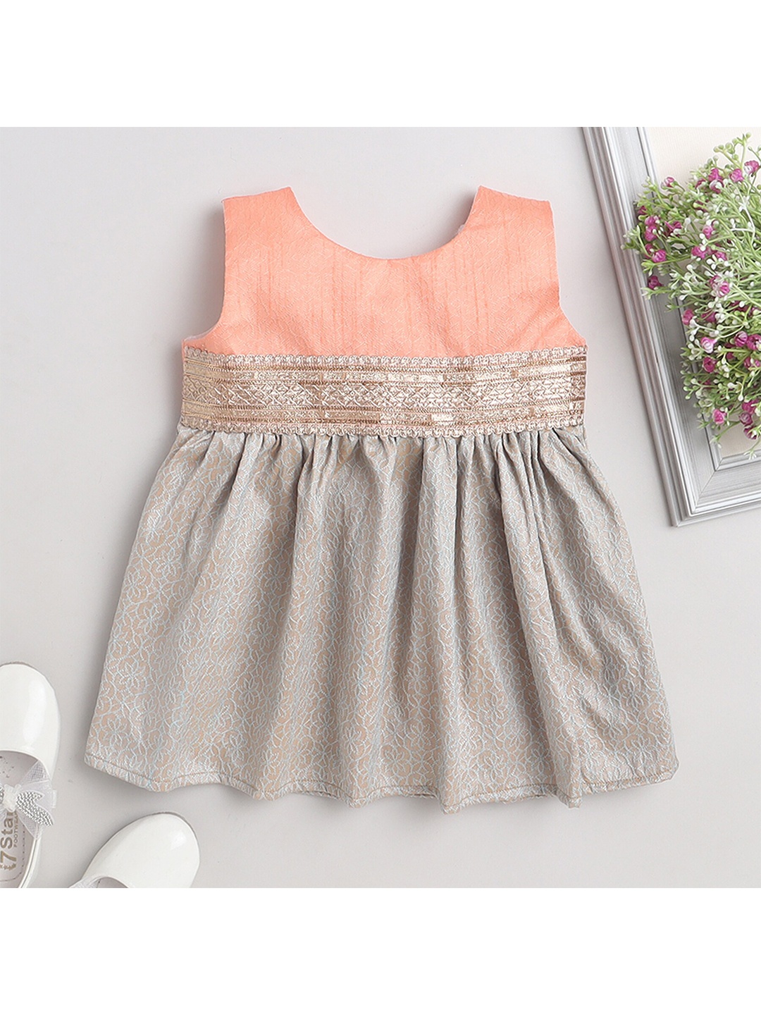 

MANY FROCKS & Girls Embellished Sleeveless Fit & Flare Ethnic Dress, Peach