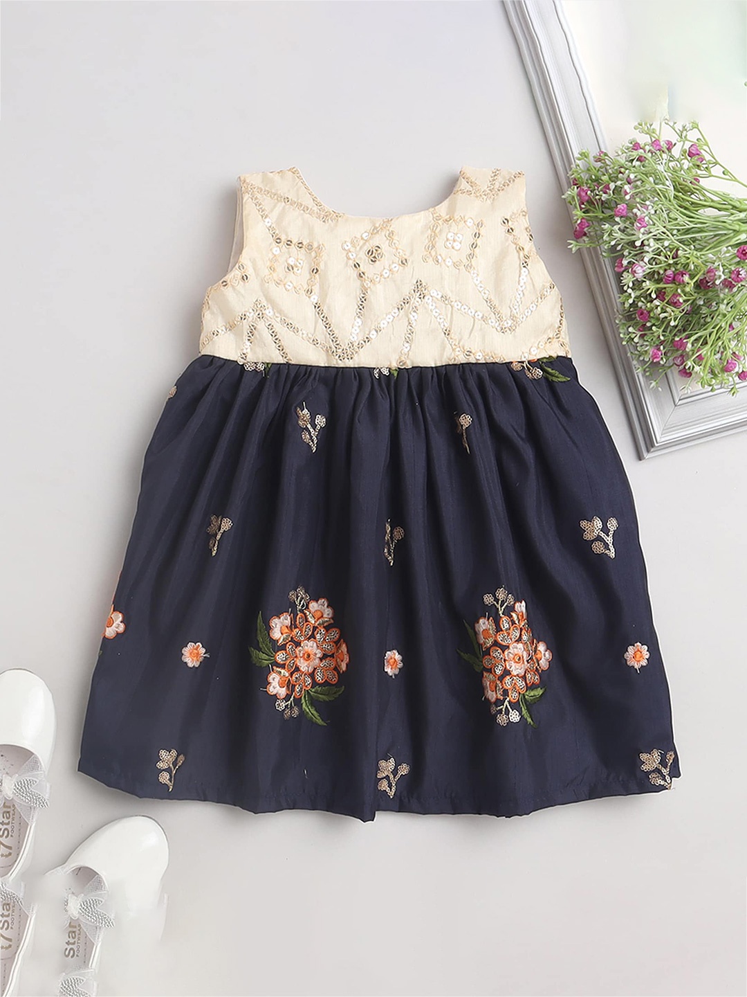 

MANY FROCKS & Infants Girls Floral Embroidered Sequin Detail Fit & Flare Ethnic Dress, Blue