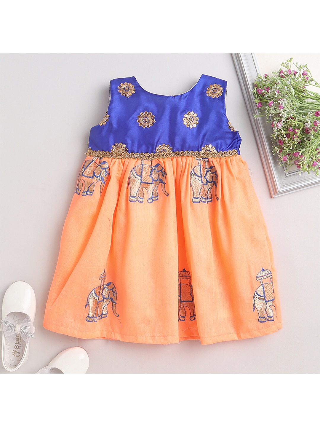 

MANY FROCKS & Infants Girls Ethnic Embroidered Fit & Flare Ethnic Dress, Peach