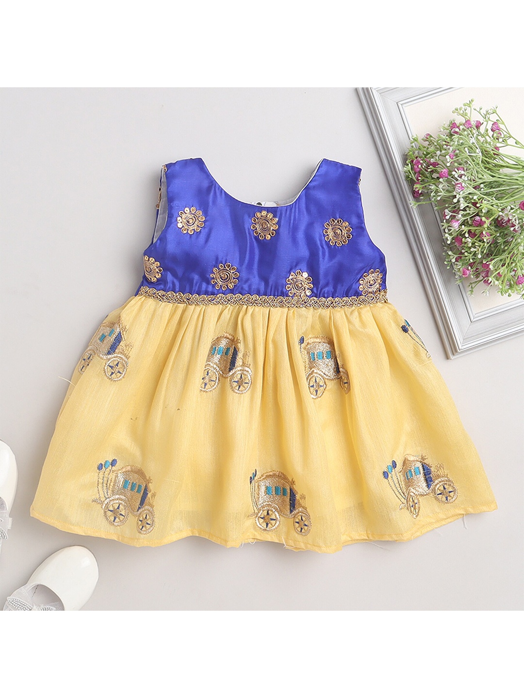 

MANY FROCKS & Girls Embellished Sleeveless Sequined Silk Fit & Flare Ethnic Dress, Blue