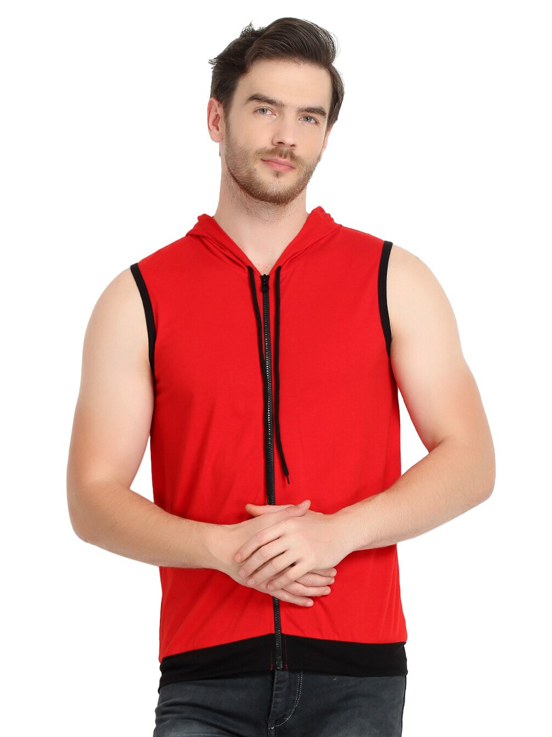 

GLITO Hooded Sleeveless Front-Open Cotton Sweatshirts, Red
