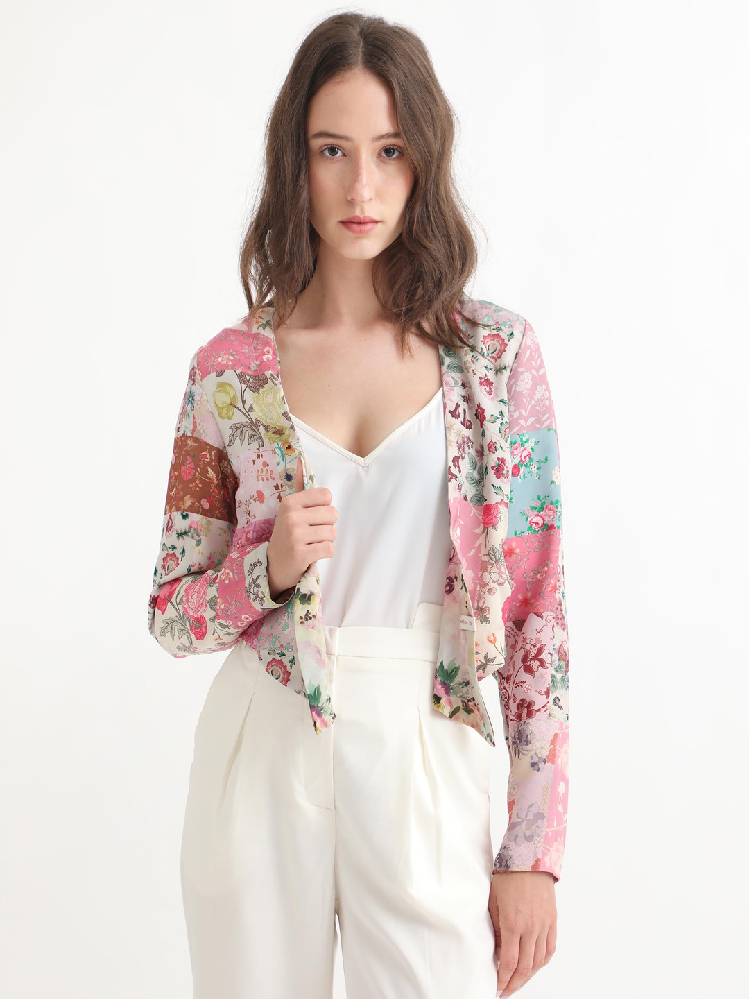 

RAREISM Women Printed Crop Tie-Up Shrug, Beige