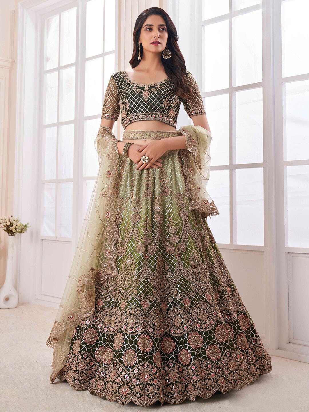 

Fusionic Embellished & Thread Worked Semi-Stitched Lehenga & Unstitched Blouse & Dupatta, Green