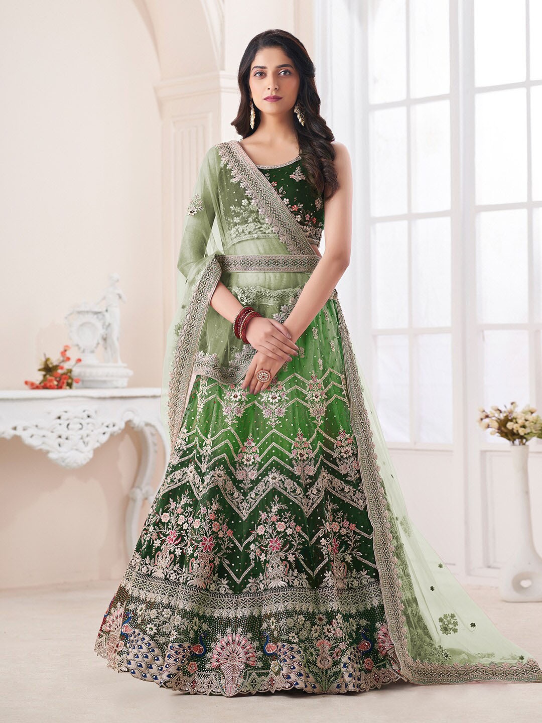 

Fusionic Embellished & Thread Worked Semi-Stitched Lehenga & Unstitched Blouse & Dupatta, Green