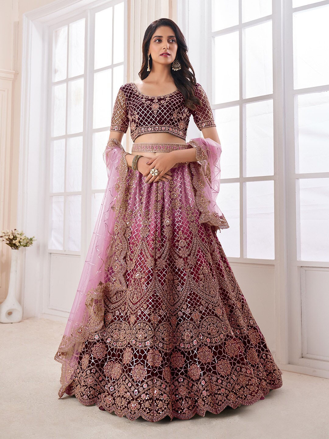 

Fusionic Embellished & Thread Worked Semi-Stitched Lehenga & Unstitched Blouse & Dupatta, Burgundy