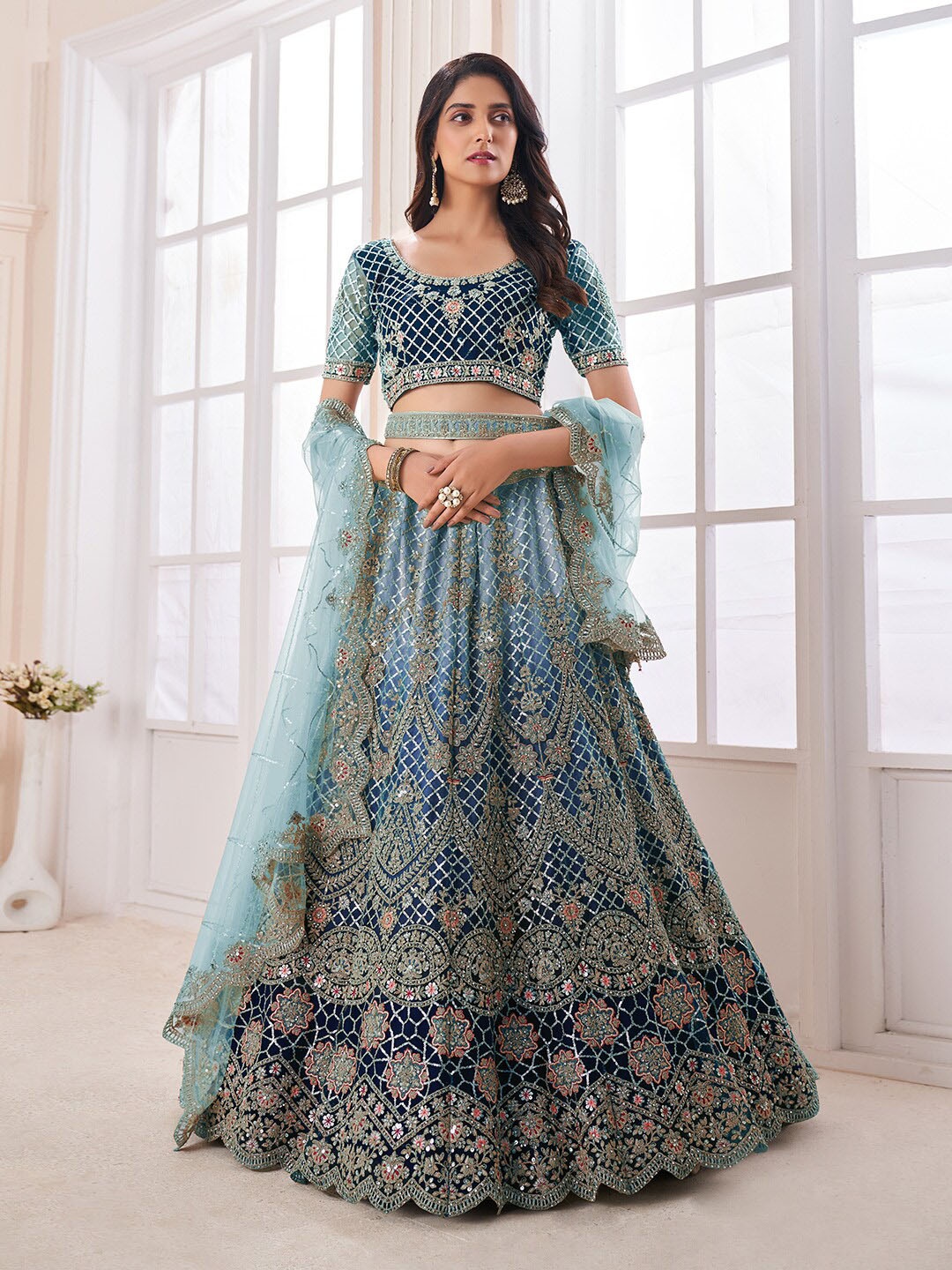 

Fusionic Embellished & Thread Worked Semi-Stitched Lehenga & Unstitched Blouse & Dupatta, Navy blue