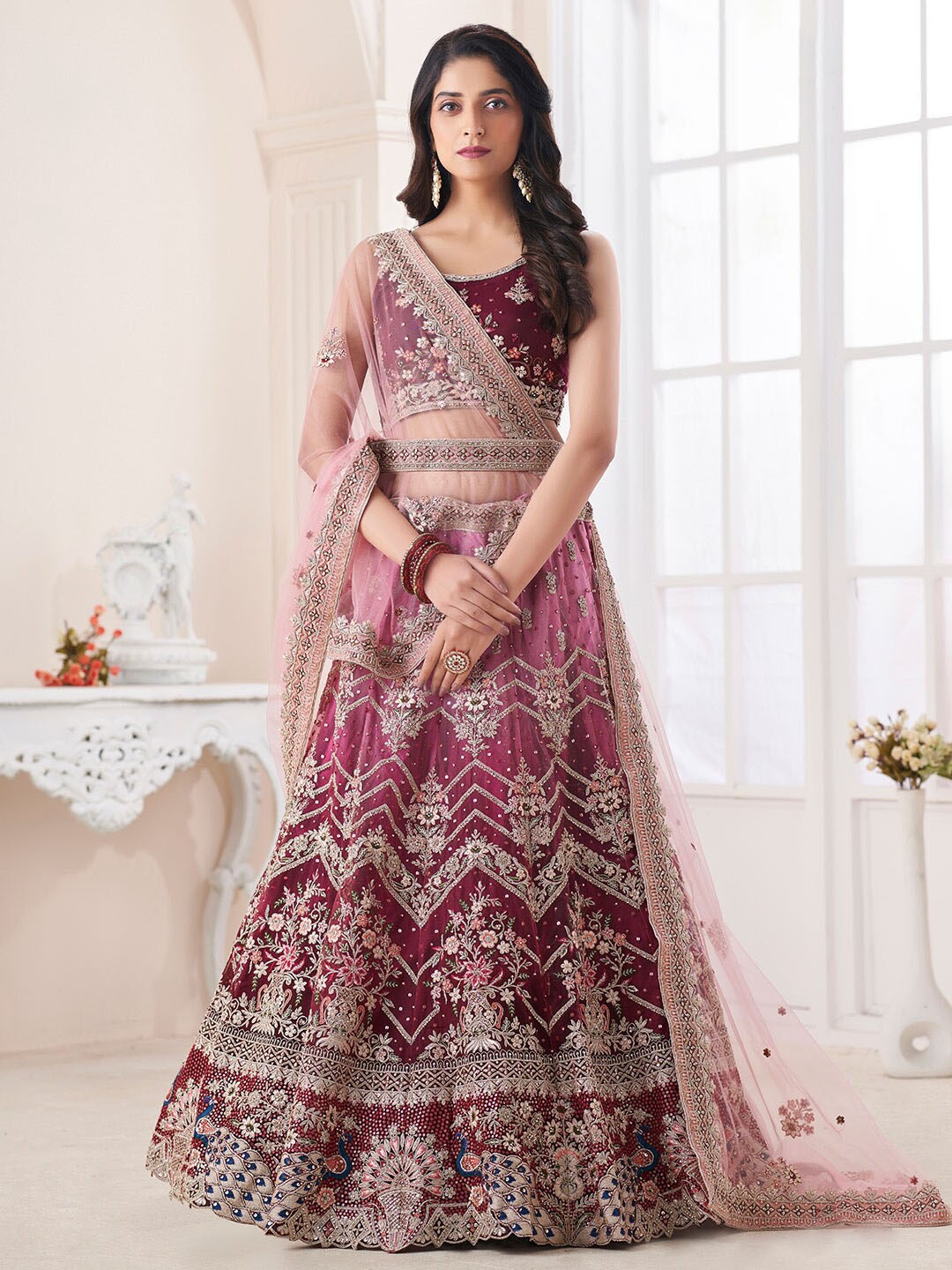 

Fusionic Embellished & Thread Worked Semi-Stitched Lehenga & Unstitched Blouse & Dupatta, Burgundy