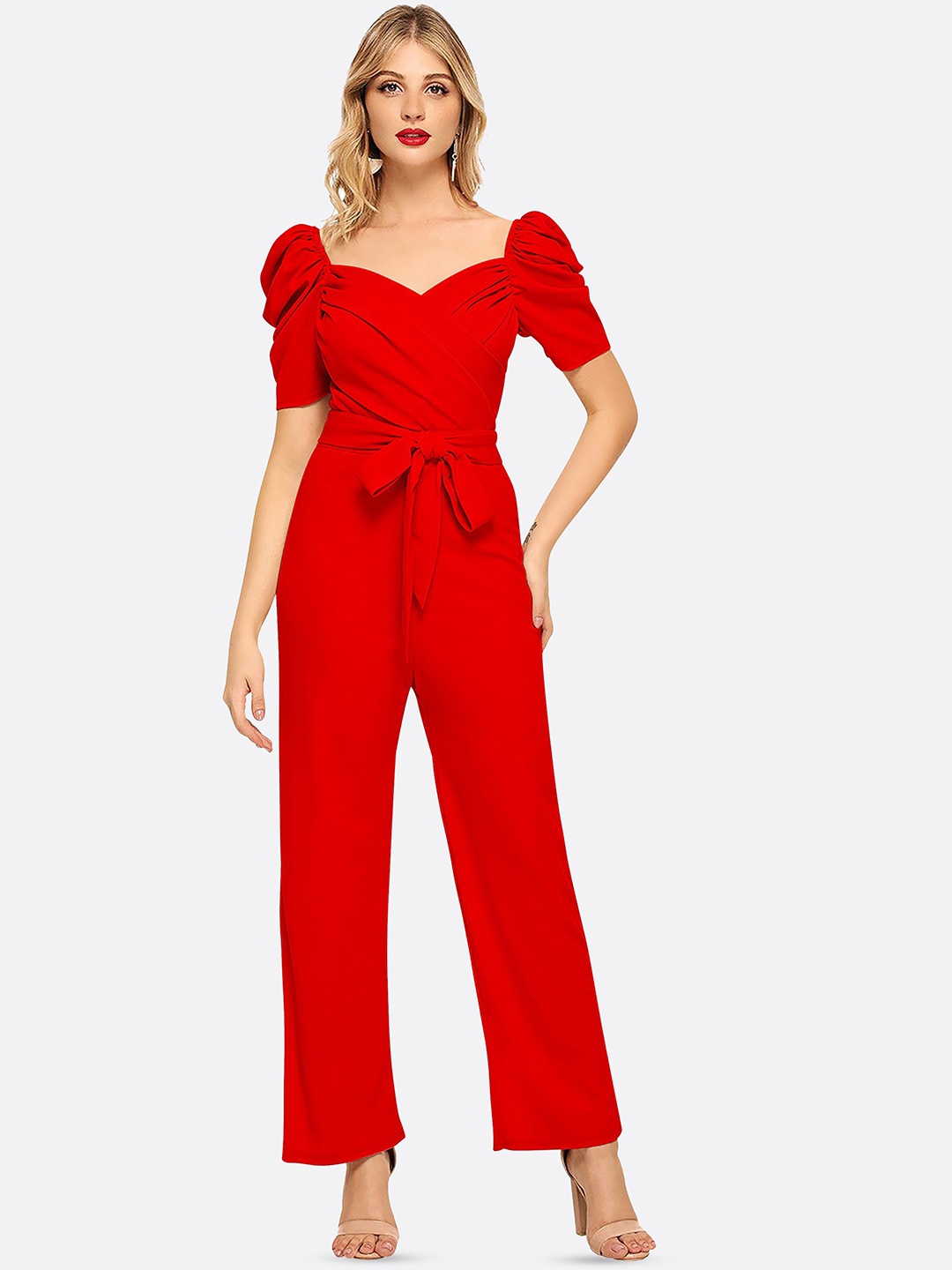 

FAVRIZ Sweetheart Neck Basic Jumpsuit With Waist Tie-Up, Red