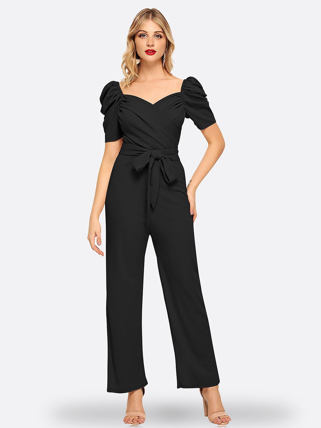 

FAVRIZ Sweetheart Neck Basic Jumpsuit With Waist Tie-Up, Black