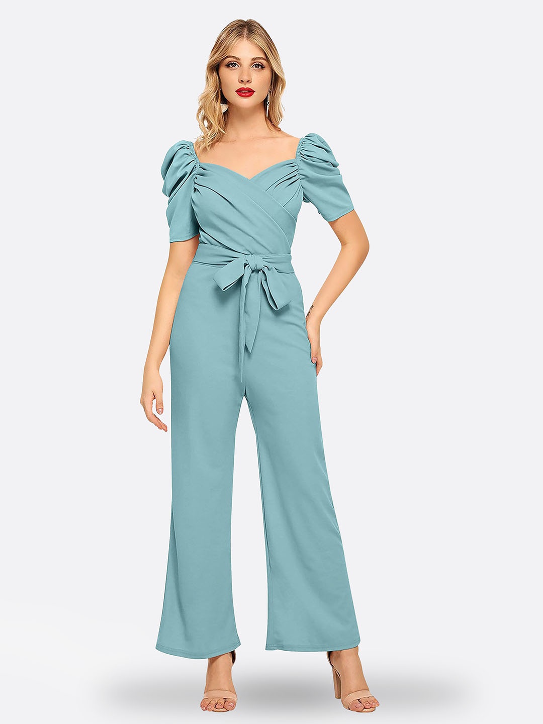 

FAVRIZ Sweetheart Neck Basic Jumpsuit With Waist Tie-Up, Turquoise blue