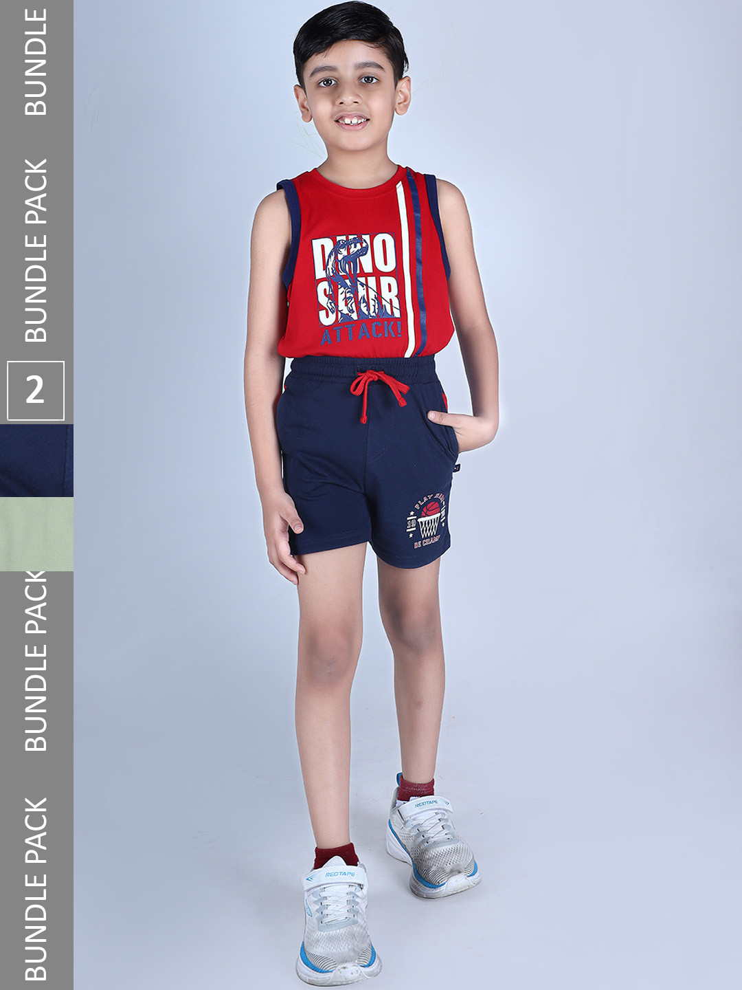 

3PIN Boys Pack Of 2 Alpha Numeric Printed Cotton Regular Shorts, Navy blue