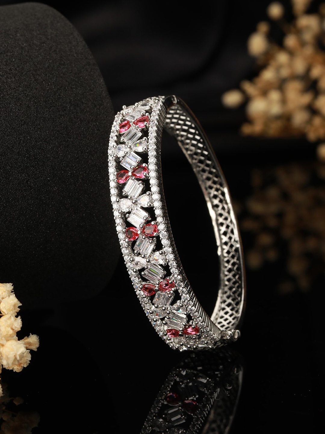 

Jazz and Sizzle Rhodium-Plated Brass American Diamond Bangle-Style Bracelet, Silver