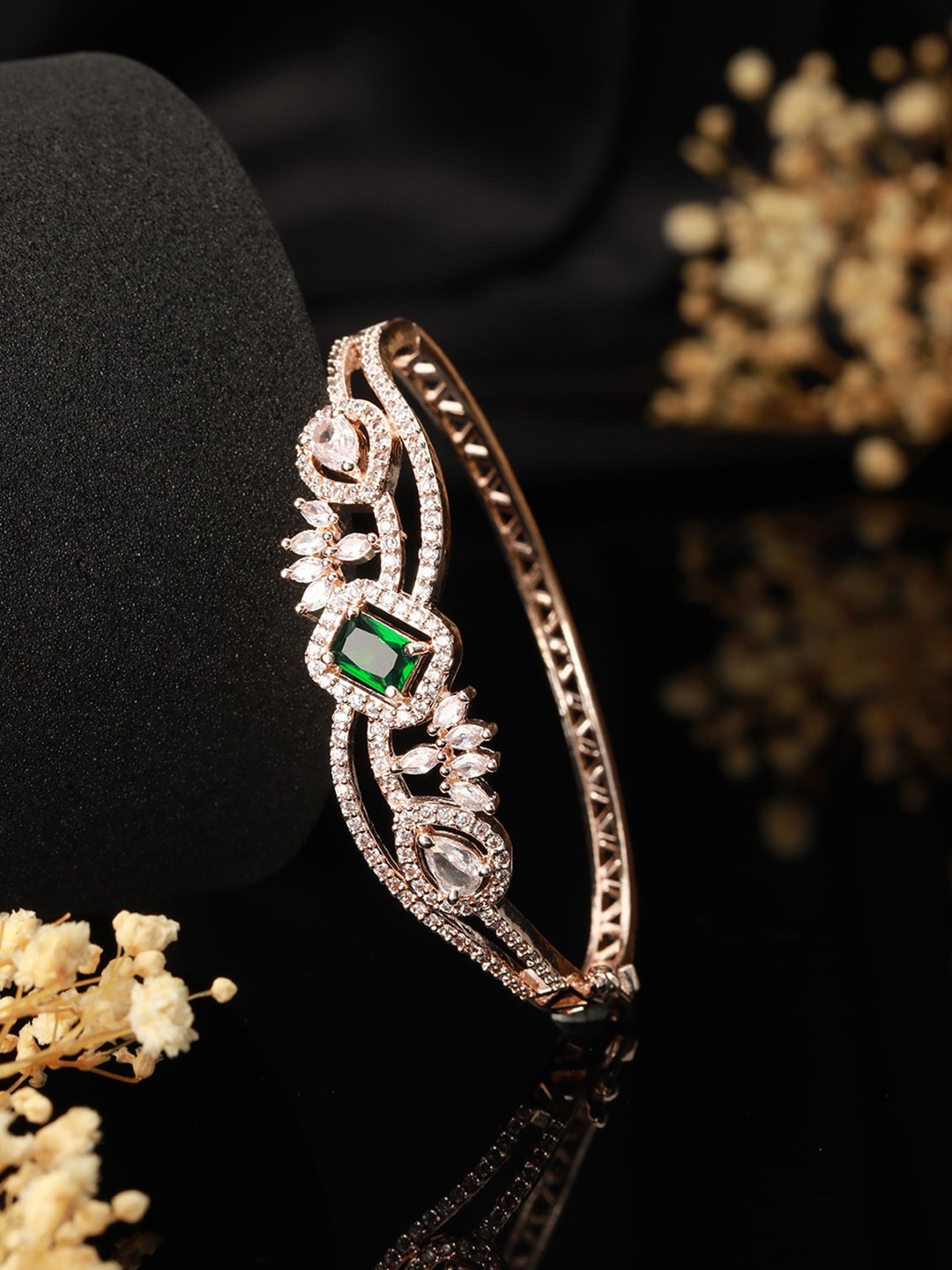 

Jazz and Sizzle Gold-Plated Brass American Diamond Rose Bangle-Style Bracelet, Rose gold