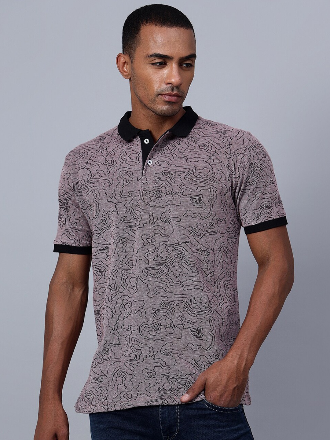 

Hencemade Abstract Printed Polo Collar Relaxed Fit Cotton T-shirt, Purple