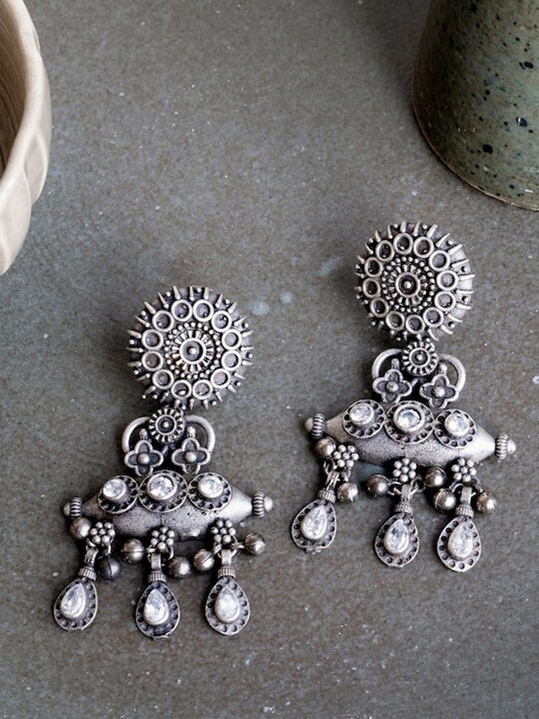 

Infuzze Brass-Plated Oxidised Contemporary Drop Earrings, Silver