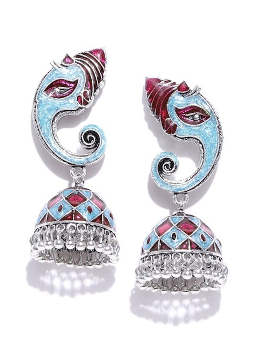 

Infuzze Brass-Plated Enamelled Contemporary Jhumkas, Silver