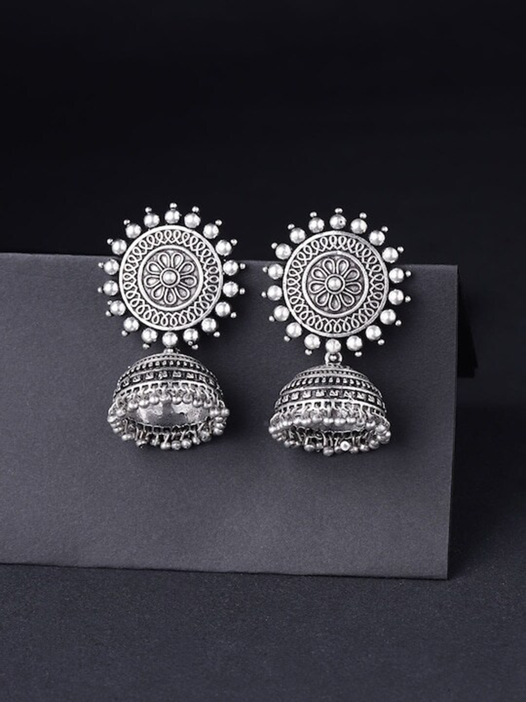 

Infuzze Silver-Plated Dome Shaped Jhumkas Earrings