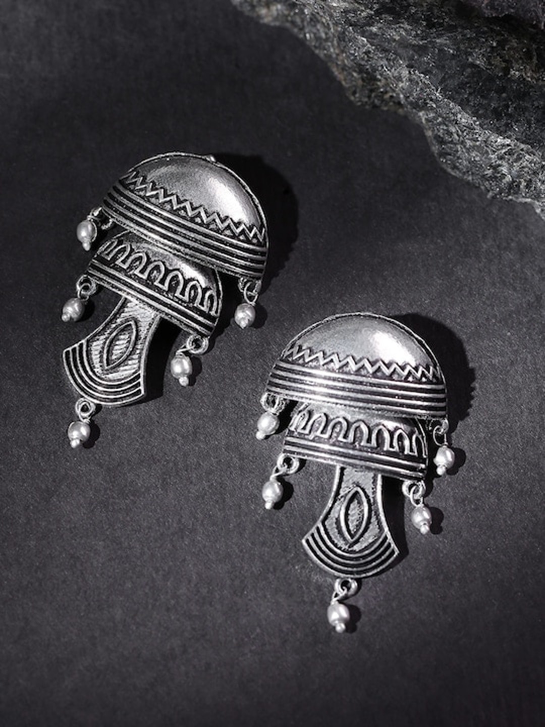 

Infuzze Brass-Plated Oxidised Contemporary Drop Earrings, Silver