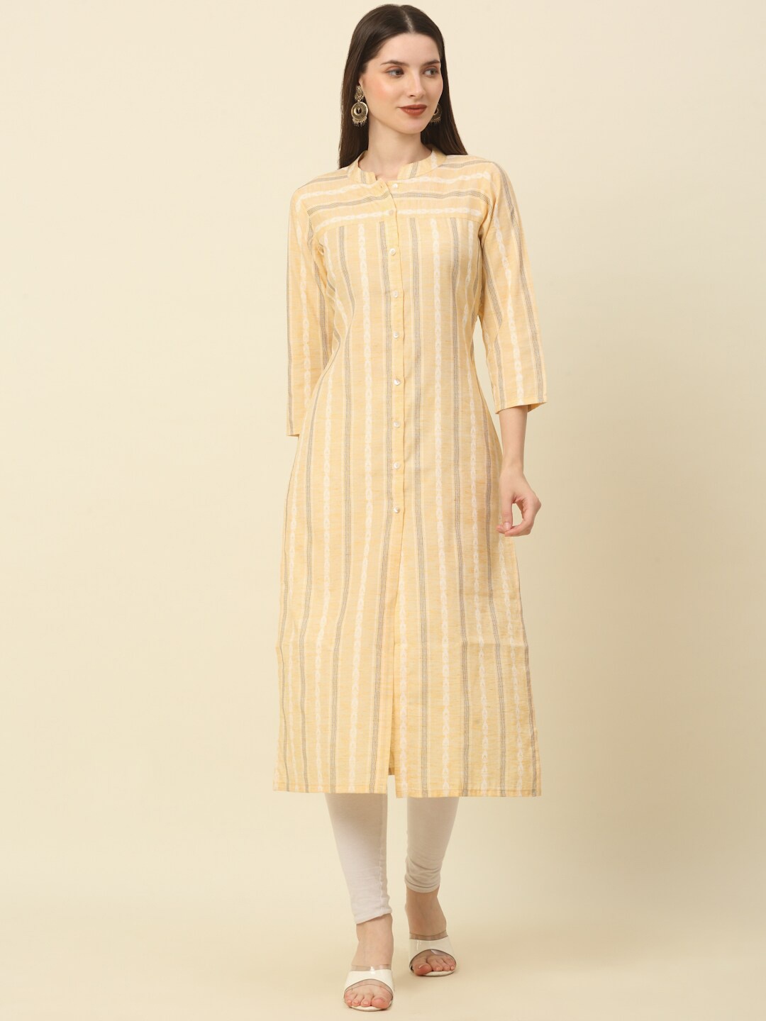 

Anouk Beige & Off-White Striped Mandarin Collar Pure Cotton Straight Kurta