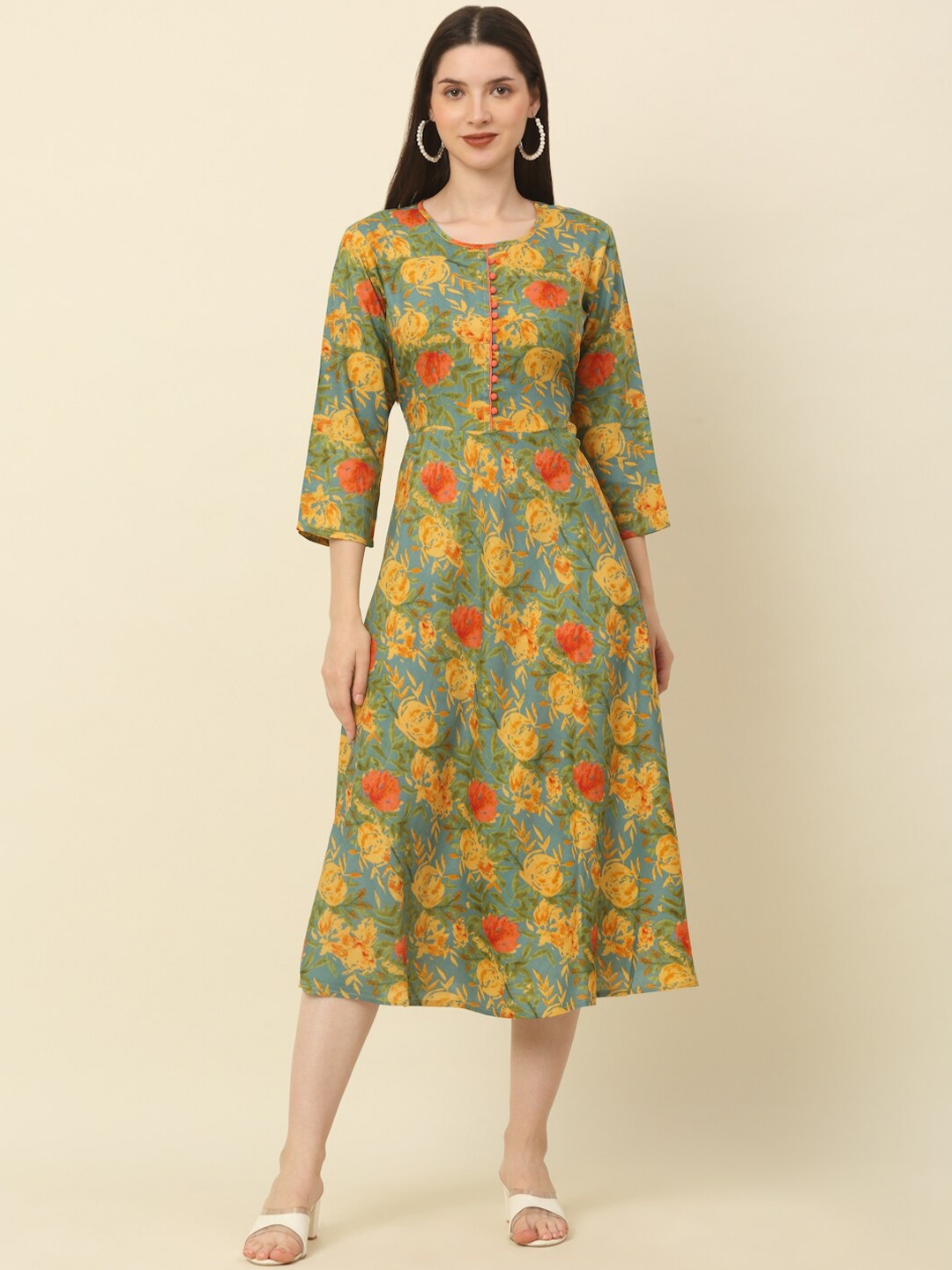 

Anouk Green Floral Printed Pure Cotton A-Line Ethnic Dress