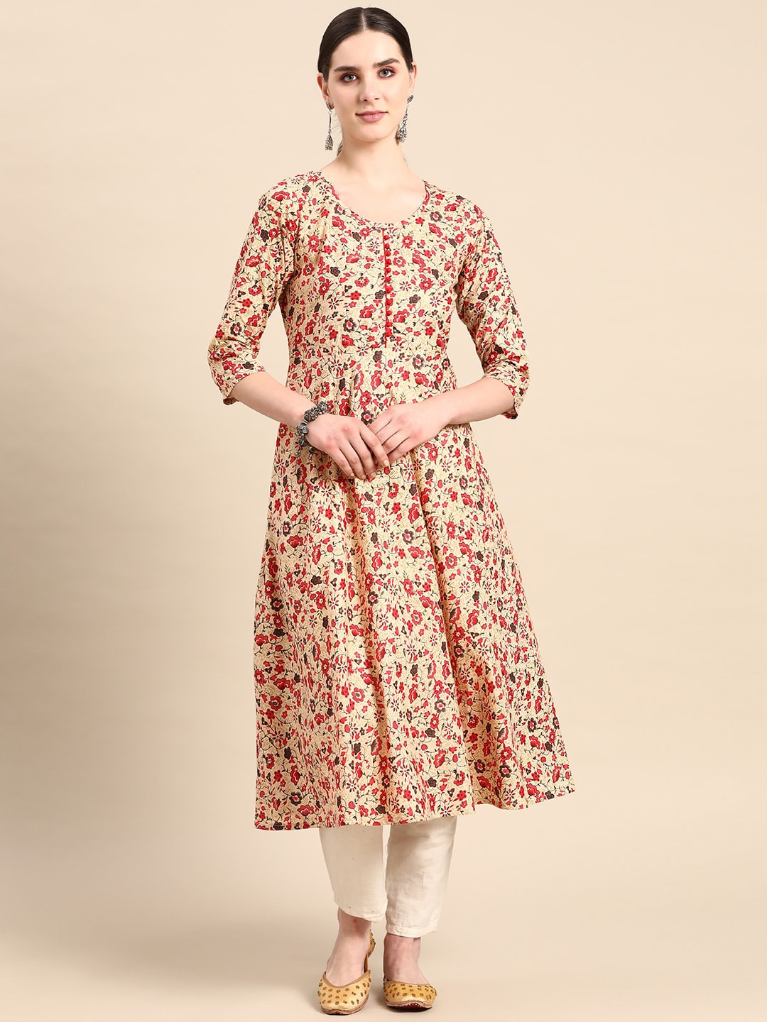 

Anouk Beige Floral Printed Pure Cotton A-Line Kurta