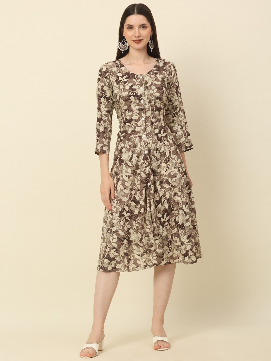 

Anouk Brown Floral Printed Fit & Flare Ethnic Dress