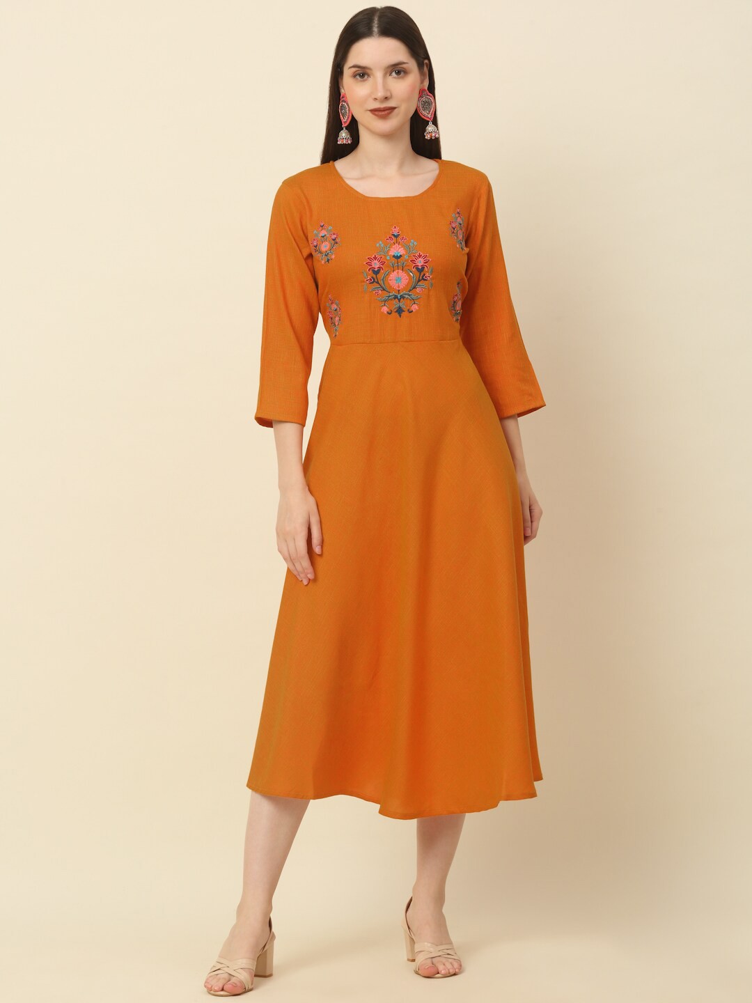 

Anouk Orange Floral Embroidered A-Line Midi Ethnic Dress