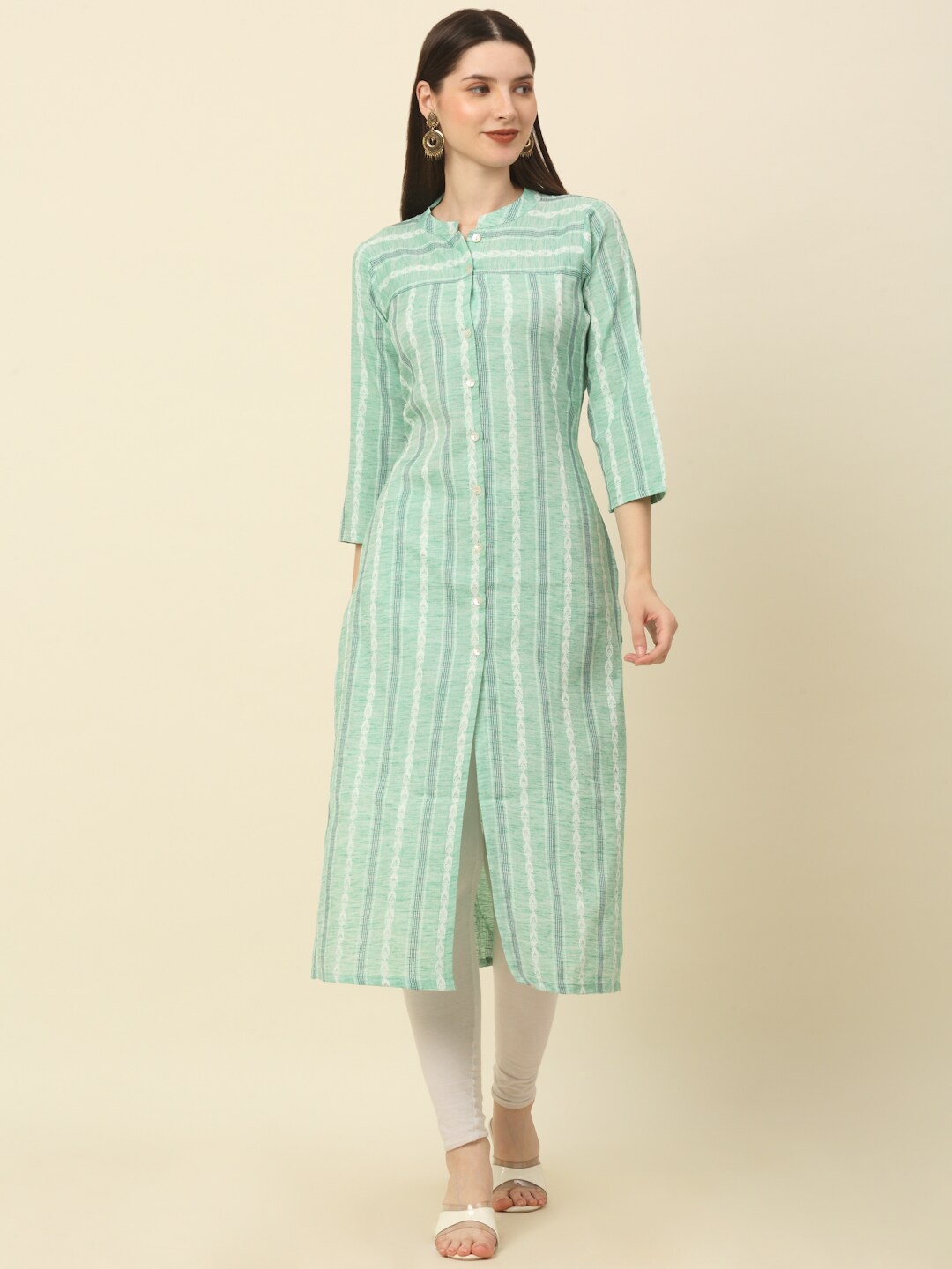 

Anouk Green Striped Mandarin Collar Pure Cotton Straight Kurta