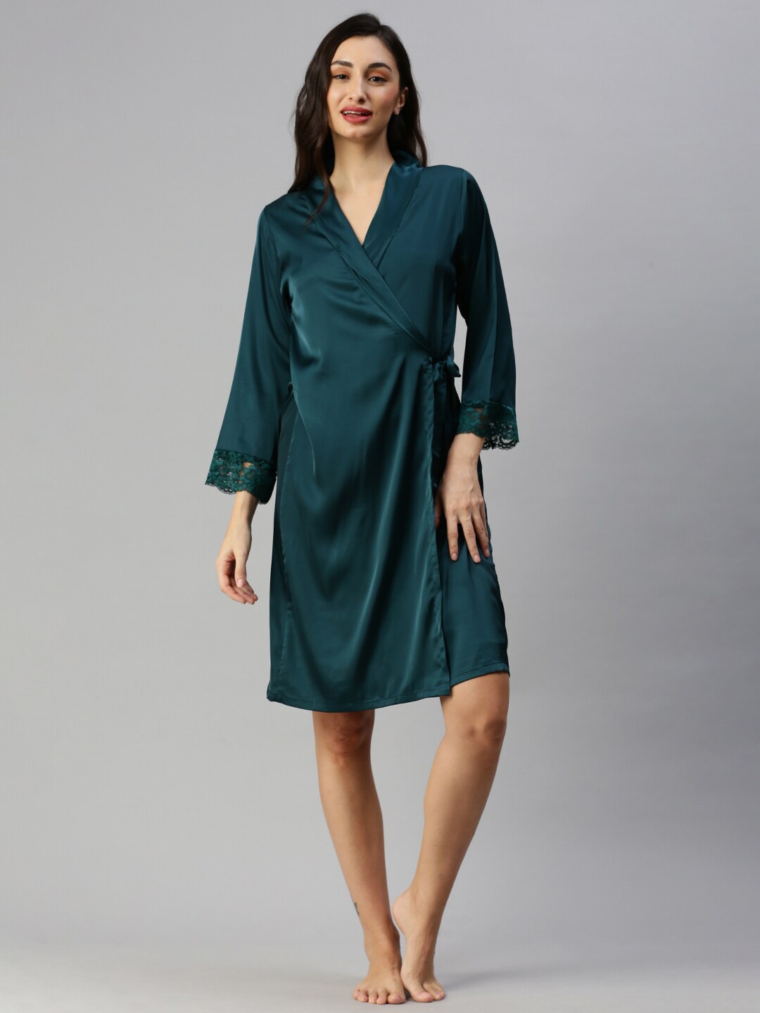 

9shines Label Shoulder Strap Satin Nightdress With Robe, Teal