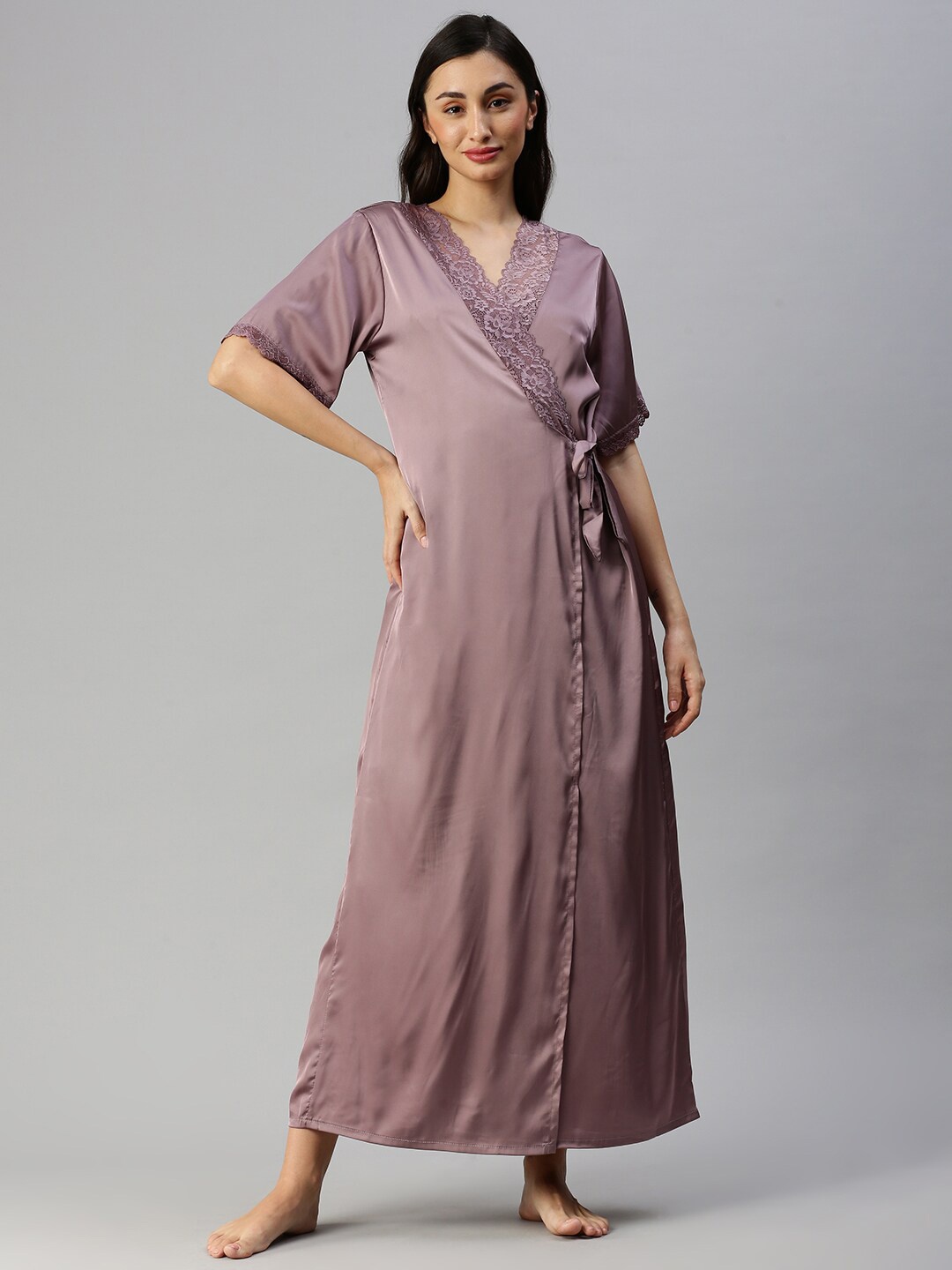 

9shines Label Shoulder Strap Satin Nightdress With Robe, Pink