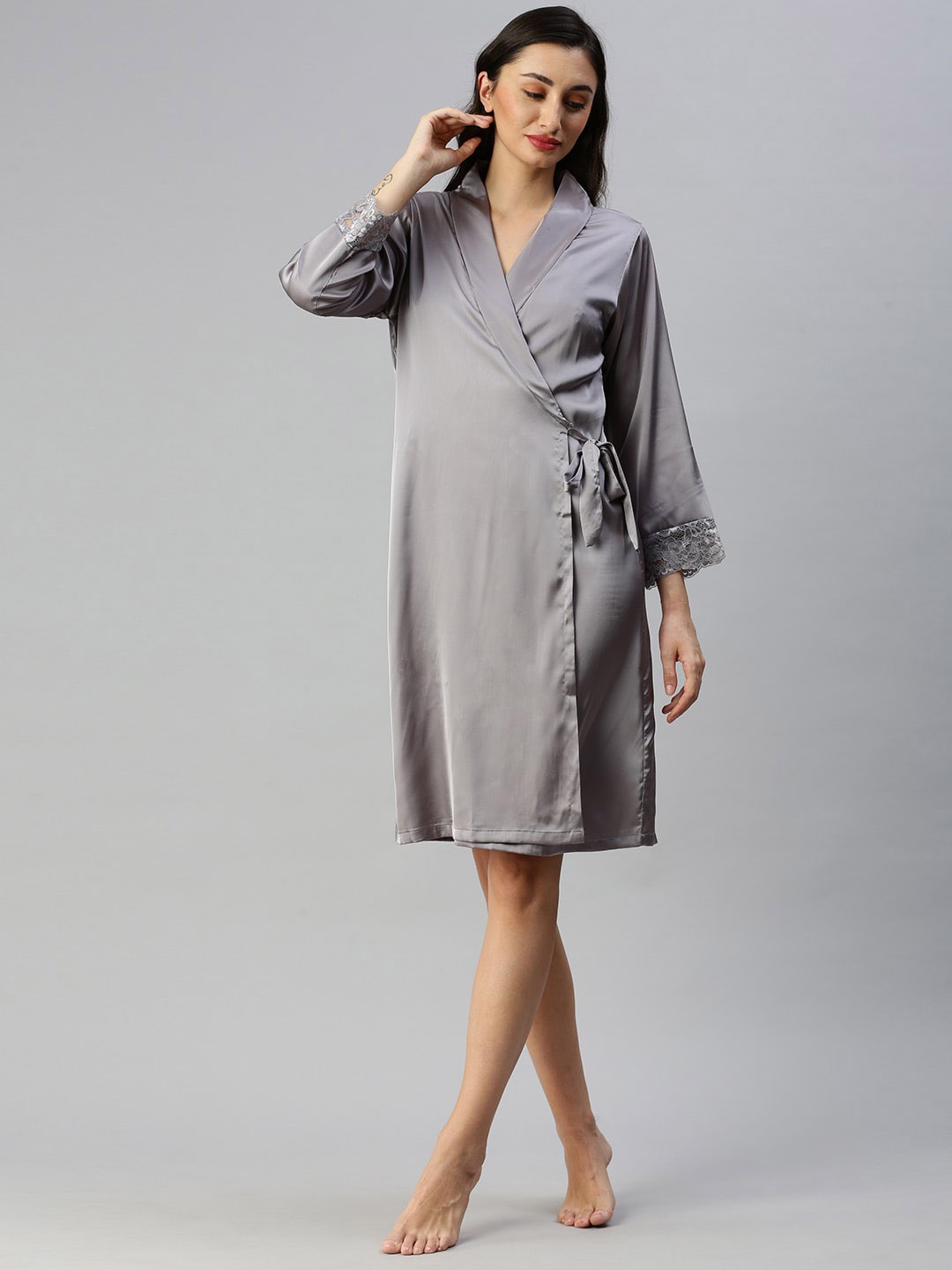 

9shines Label Shoulder Strap Satin Nightdress With Robe, Silver
