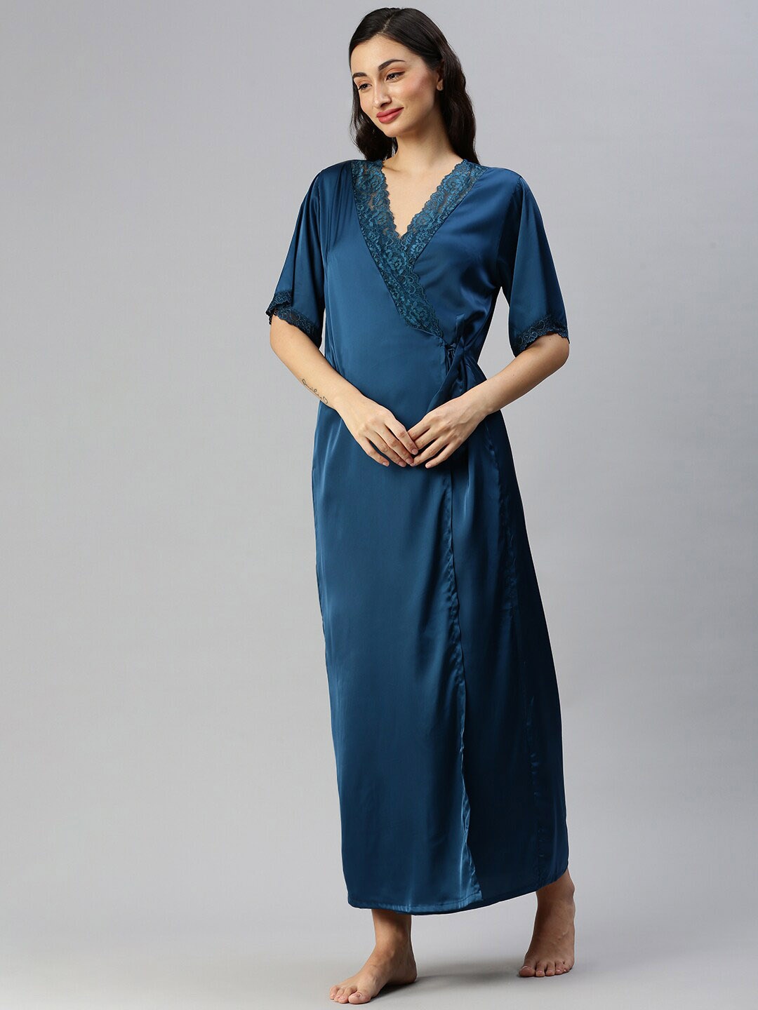 

9shines Label Shoulder Strap Satin Nightdress With Robe, Teal